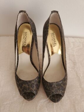 MICHAEL Michael Kors Black and Gold Peep-Toe Pumps